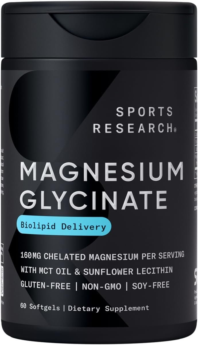 Sports Research® Magnesium Glycinate - Supports Restful Sleep & Enzymatic Processes - 160 mg Chelated Magnesium - Liquid Softgel - 60 Count