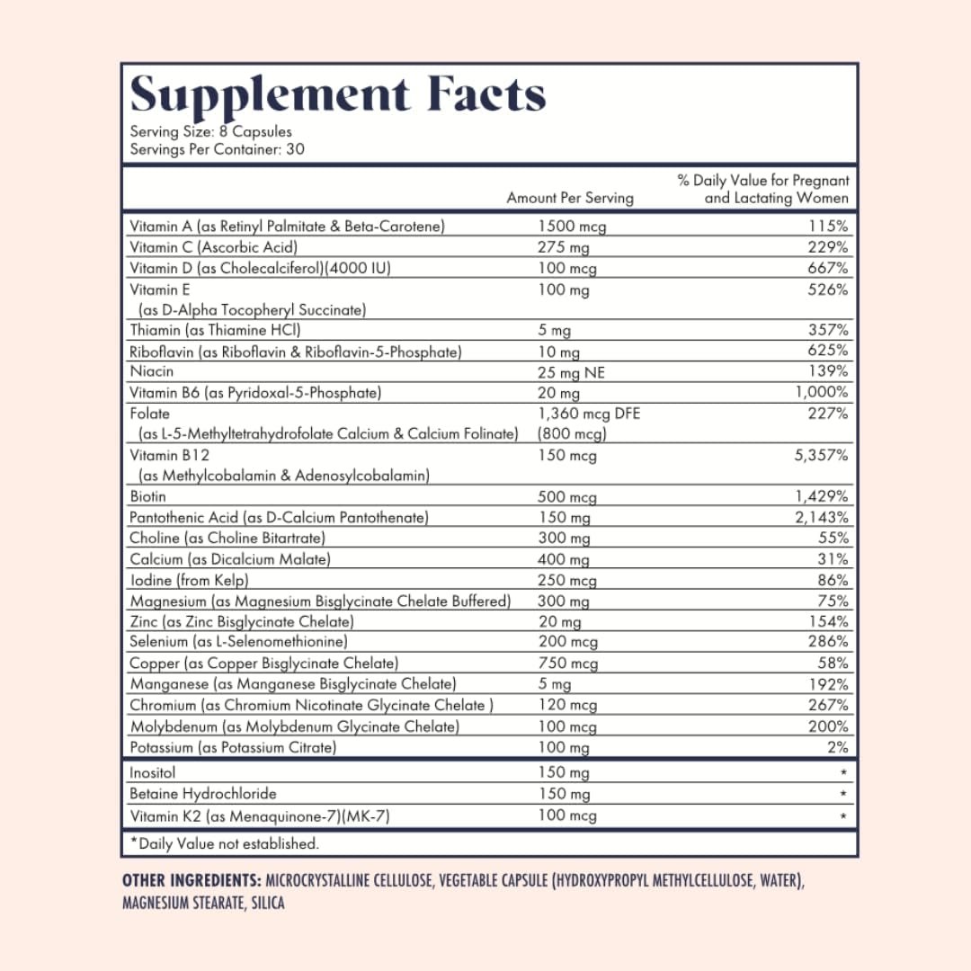 Prenatal Vitamins | Choline, folate, Vitamin D for fetal Growth, Brain Development | 26+ Vital Nutrients | Dietitian-Formulated, OBGYN Recommended, Non-GMO, 3rd Party Tested, 30 Servings - Image 2