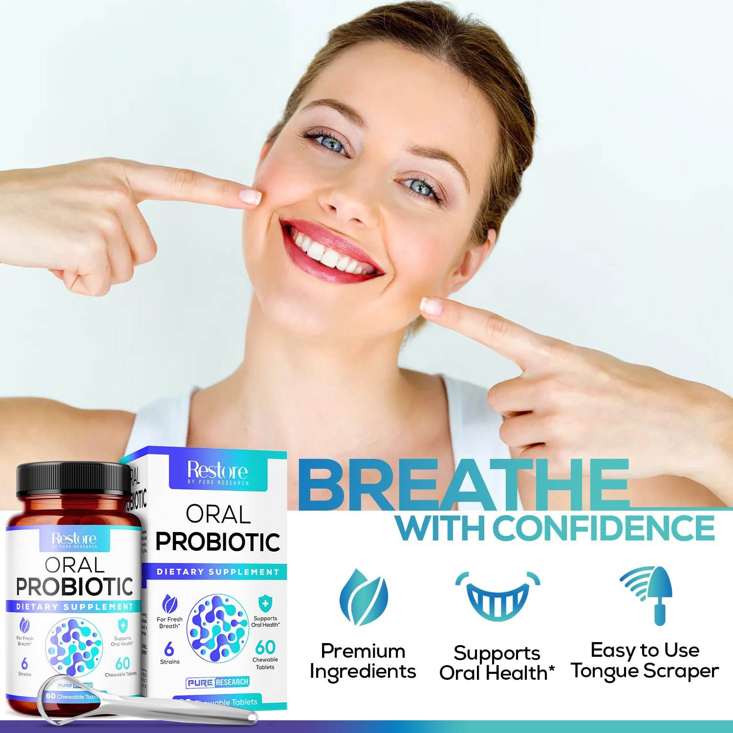 Oral Probiotics & Tongue Scraper for Bad Breath Support - Chewable Dental Probiotic for Teeth & Gums & Fresh Breath - 6 Probiotic Strains - BLIS M18 - Supportive Oral Probiotic - Mint Flavored - 60ct - Image 7