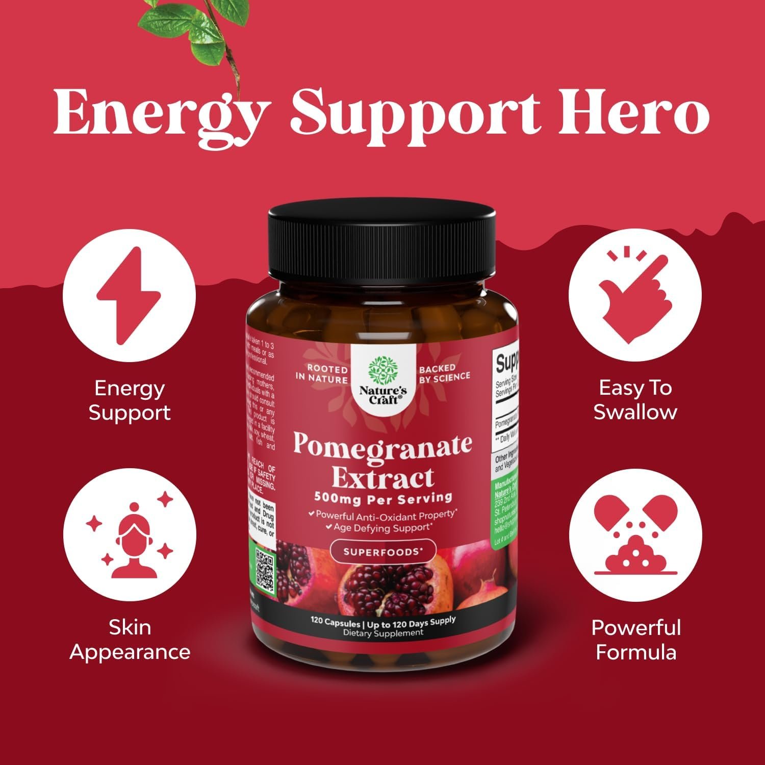 Advanced Antioxidant Superfood Pomegranate Supplement - Natural Pomegranate Extract Polyphenols Supplement for Heart Health and Joint Support - Reds Superfood Powder Capsules for Men and Women 120ct - Image 4