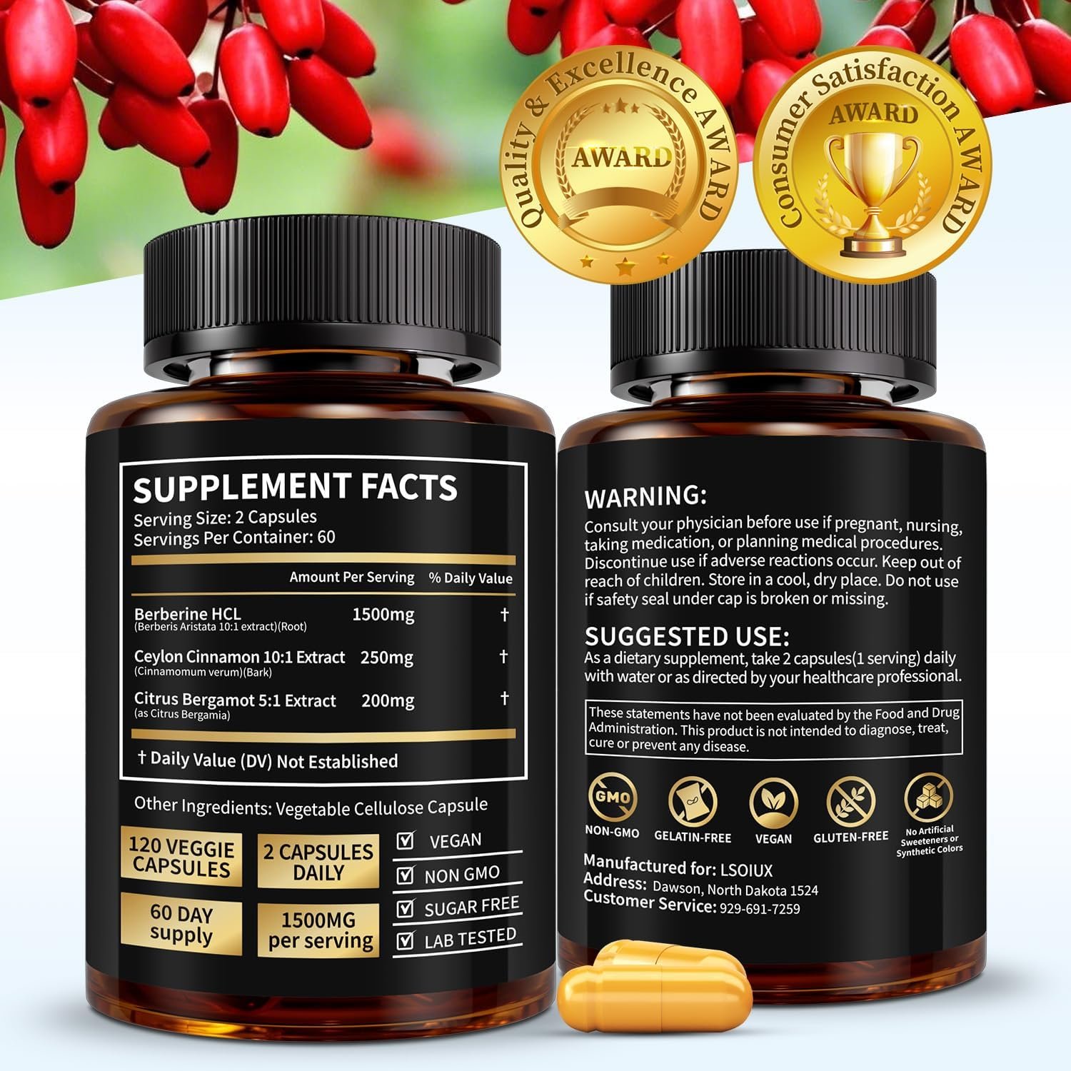 Premium Berberine Supplement Supports AMPK Metabolic, Liposomal Berberine with Ceylon Cinnamon - Classic 1500mg Formula for Healthy Metabolism & Weigh*t - 3X Absorption - Vegan, Non-GMO, 120 Count - Image 7
