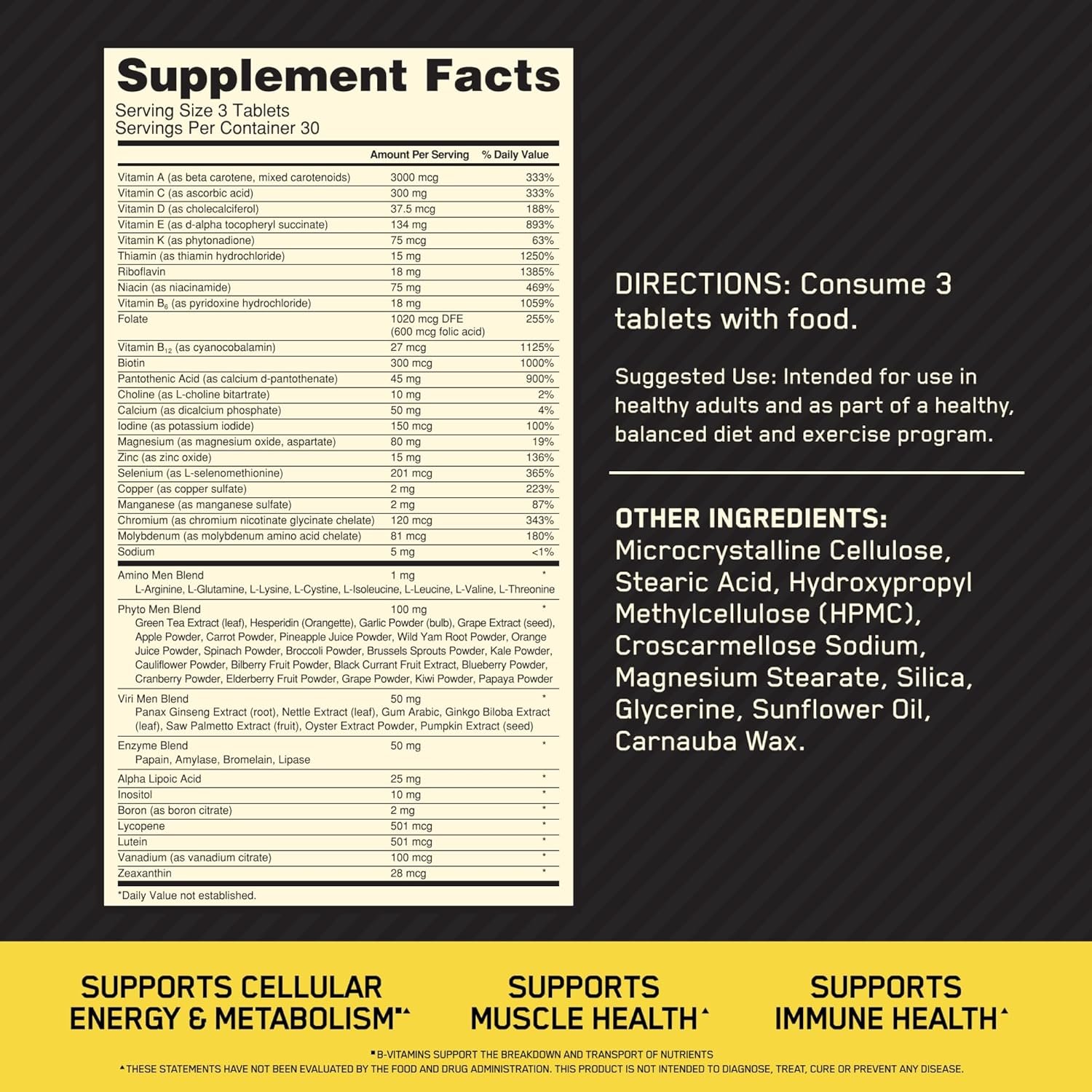 Optimum Nutrition Opti-Men, Vitamin C, Zinc and Vitamin D, E, B12 for Immune Support Mens Daily Multivitamin Supplement, 90 Count (Packaging May Vary) - Image 2