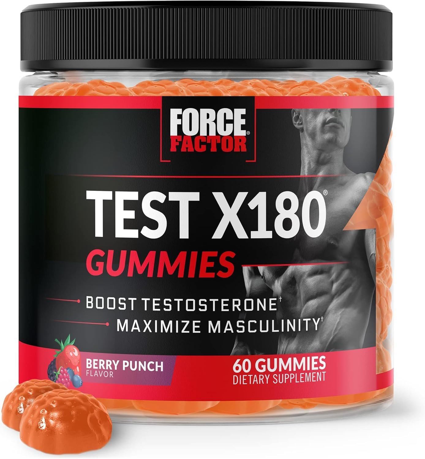 Force Factor Test X180 Gummies Testosterone Booster for Men with Tongkat Ali, Horny Goat Weed, Tribulus Terrestris, Fenugreek, & Black Maca, Supplement Men, Berry Punch, 60 Gummies, 1-Pack