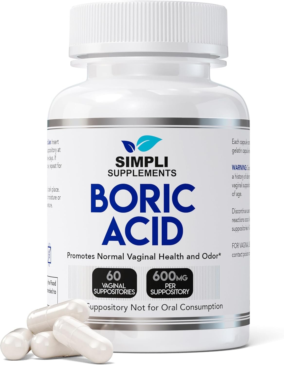 60 Boric Acid Suppositories for Women | BV Treatment for Women | pH Balance Pills | Vaginal Care | Bacterial Vaginosis Treatment Boric Acid for Women (600mg)