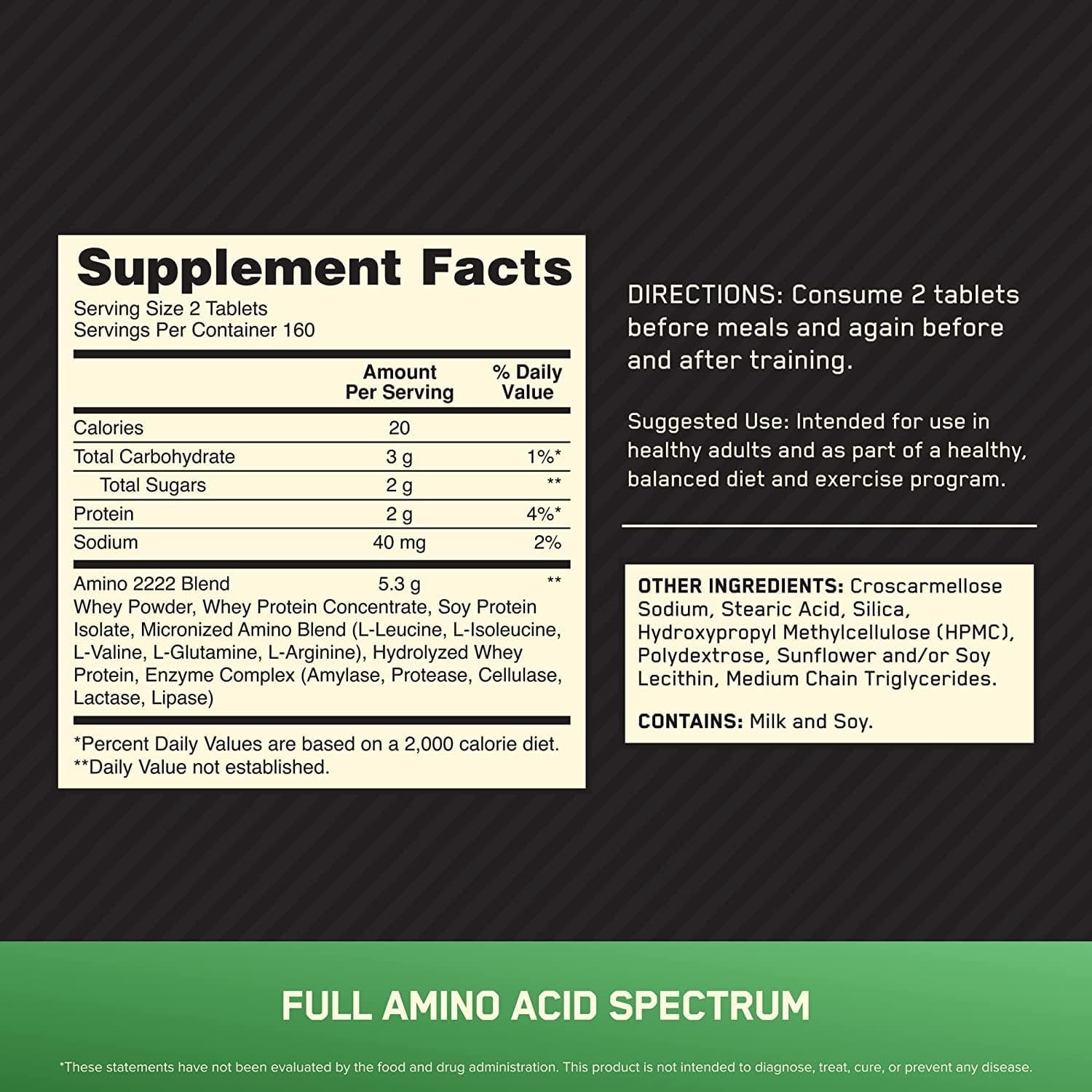 Optimum Nutrition Superior Amino 2222 Tablets, Complete Essential Amino Acids, EAAs, 320 Count - Image 2