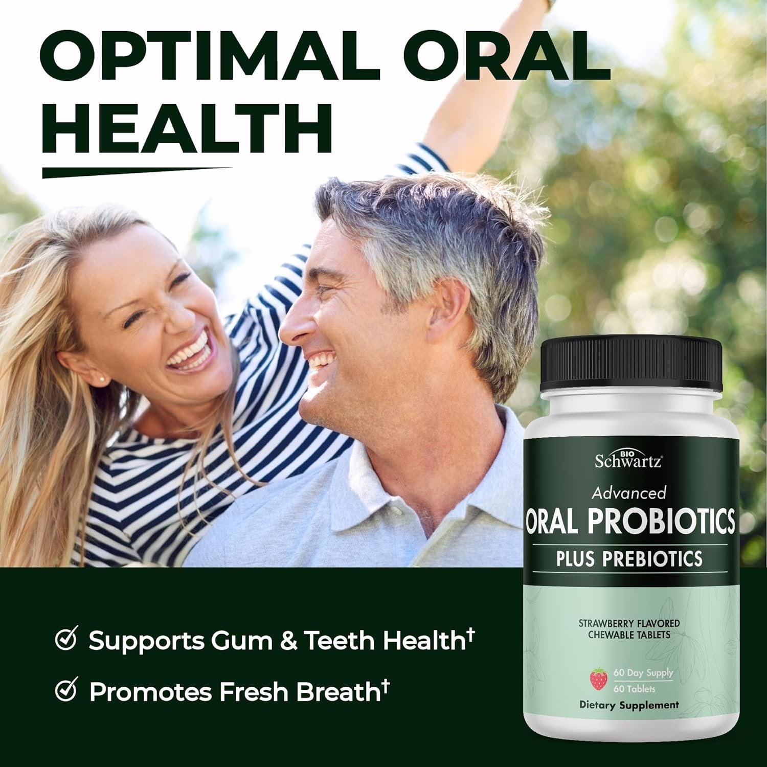 Oral Probiotics Supplement with Prebiotics - Supports Healthy Teeth Gums Mouth and Fresh Odorless Breath for Adults - Strawberry Flavored Chewable Dental Probiotic (60 Tablets, 60 Day Supply) - Image 3