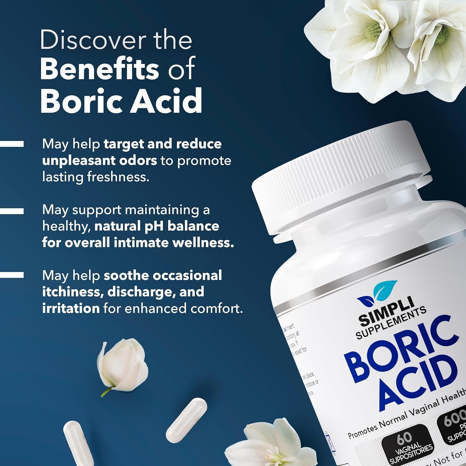 60 Boric Acid Suppositories for Women | BV Treatment for Women | pH Balance Pills | Vaginal Care | Bacterial Vaginosis Treatment Boric Acid for Women (600mg) - Image 2