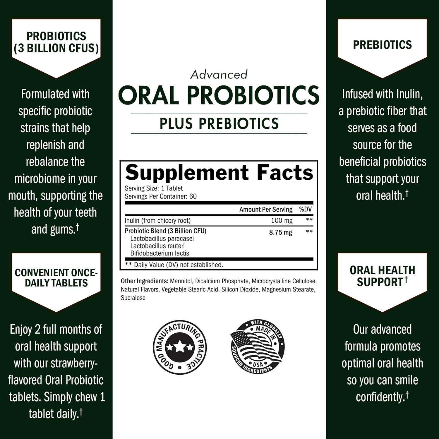 Oral Probiotics Supplement with Prebiotics - Supports Healthy Teeth Gums Mouth and Fresh Odorless Breath for Adults - Strawberry Flavored Chewable Dental Probiotic (60 Tablets, 60 Day Supply) - Image 2