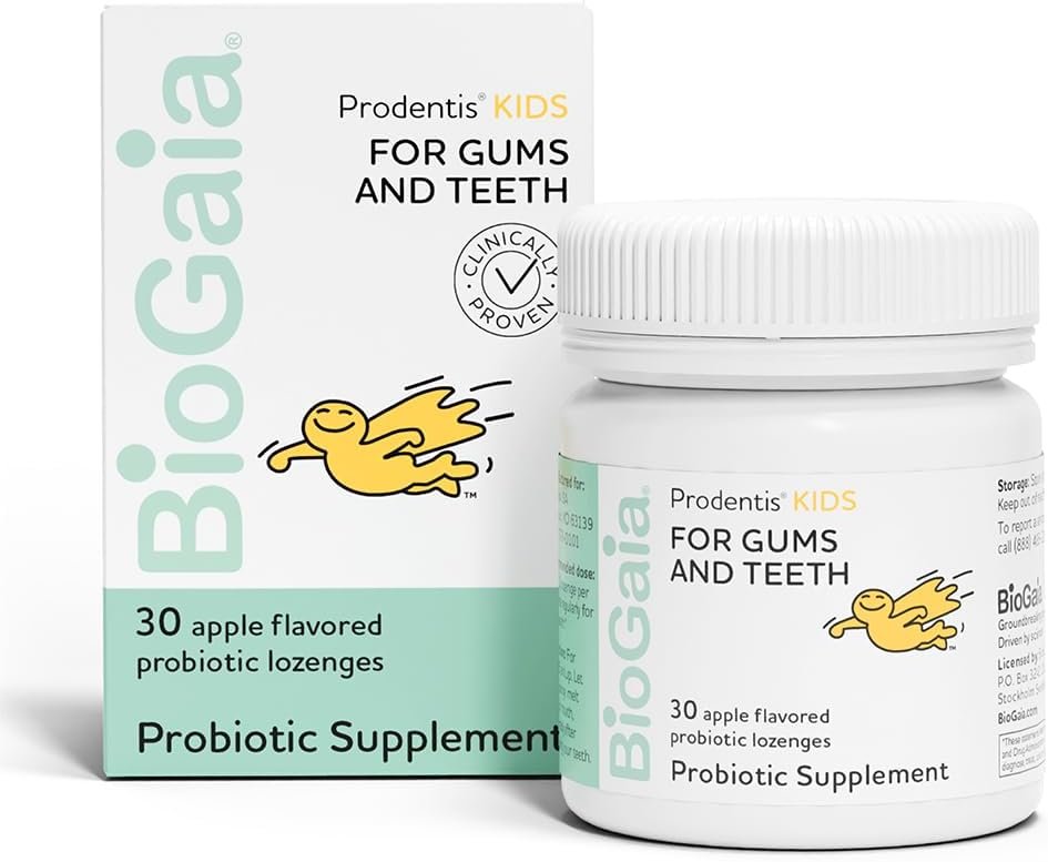 BioGaia Prodentis Kids | Dental Probiotics for Teeth and Gums | Promotes Good Oral Health & Gut Health Too | Oral Probiotics | 30 Apple-Flavored Lozenges | 1-Pack