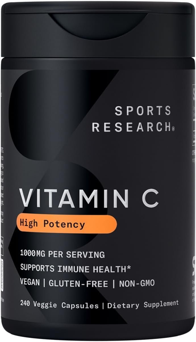 Sports Research Vitamin C 1000mg - Non-GMO Project Verified Ascorbic Acid Vitamin C Supplement for Immune Support & Antioxidant Protection | Vegan Friendly, 8 Month Supply (240 Count)