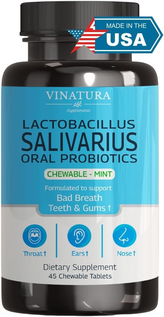 Lactobacillus Salivarius Oral Probiotics - Mouth Bad Breath Treatment for Adults, Dental probiotics for Teeth and Gums, Throat, Ear, Nose - 45 Chewable Mint Tablets