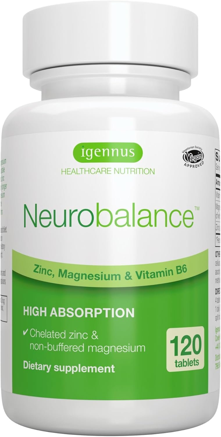 Igennus Neurobalance High Absorption Zinc Magnesium & B6 Complex, Cognitive Support, Focus & Recovery, 24mg Chelated Zinc Picolinate, Oxide-Free Magnesium, Vegan, Non-GMO, 120 Tablets