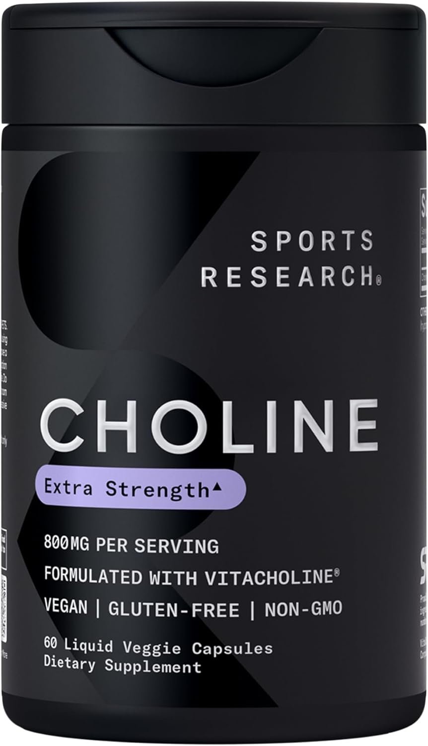 Sports Research® Extra Strength Choline 800 mg - Essential Nutrient Featuring VitaCholine® for Focus Support - Vegan Certified · Non-GMO · Gluten Free - 60 Liquid Capsules