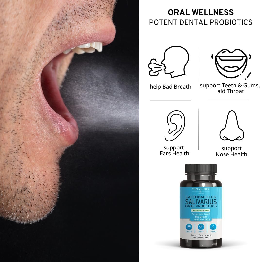 Lactobacillus Salivarius Oral Probiotics - Mouth Bad Breath Treatment for Adults, Dental probiotics for Teeth and Gums, Throat, Ear, Nose - 45 Chewable Mint Tablets - Image 3