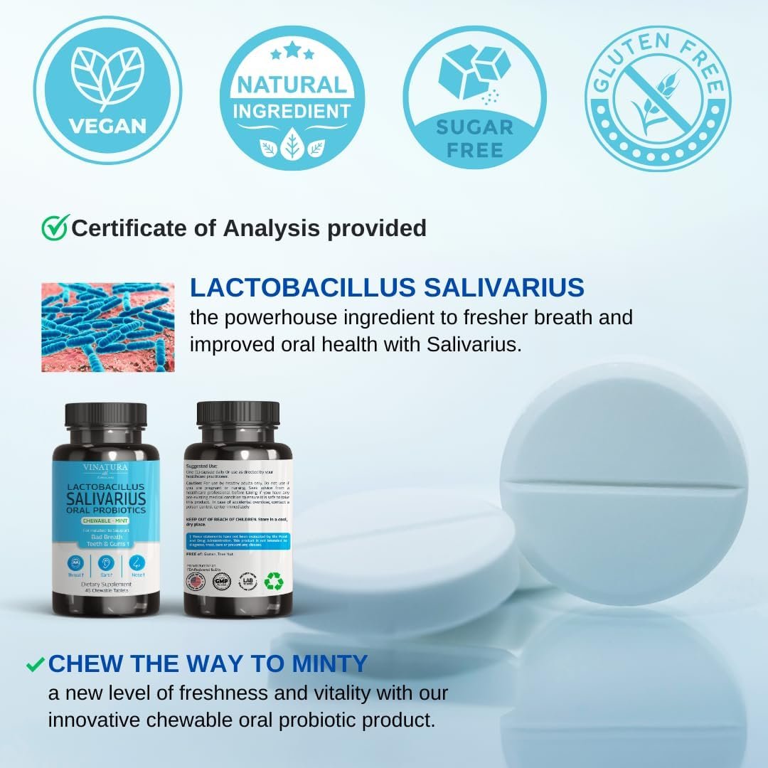 Lactobacillus Salivarius Oral Probiotics - Mouth Bad Breath Treatment for Adults, Dental probiotics for Teeth and Gums, Throat, Ear, Nose - 45 Chewable Mint Tablets - Image 4