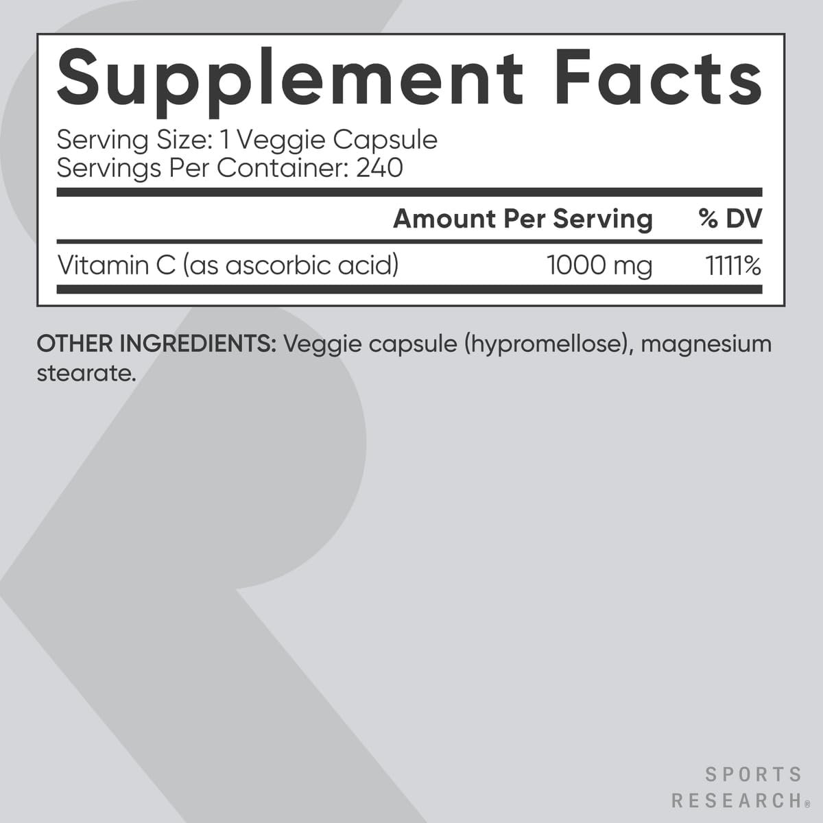 Sports Research Vitamin C 1000mg - Non-GMO Project Verified Ascorbic Acid Vitamin C Supplement for Immune Support & Antioxidant Protection | Vegan Friendly, 8 Month Supply (240 Count) - Image 5