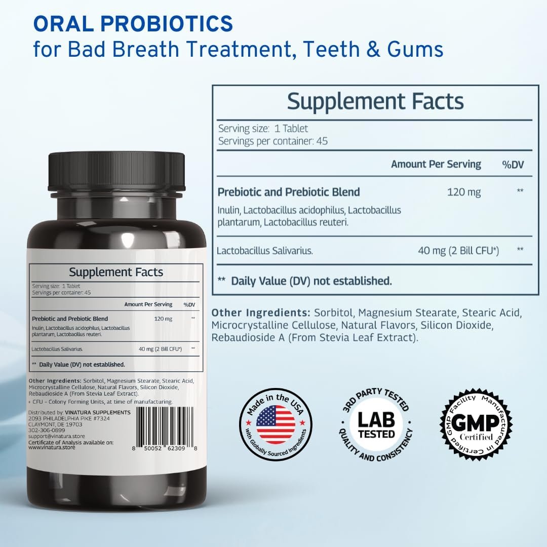 Lactobacillus Salivarius Oral Probiotics - Mouth Bad Breath Treatment for Adults, Dental probiotics for Teeth and Gums, Throat, Ear, Nose - 45 Chewable Mint Tablets - Image 2