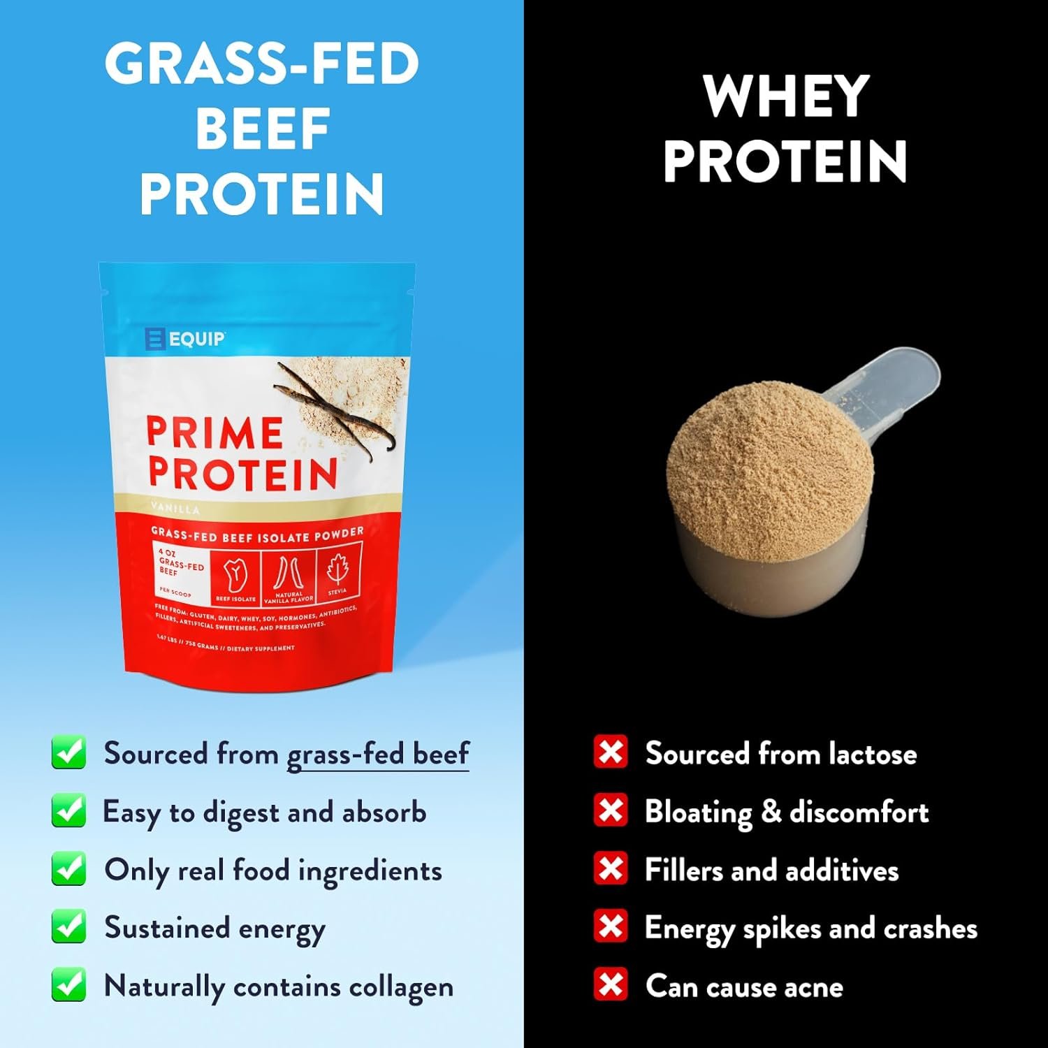 Equip Foods Prime Protein Powder | Clean, Grass Fed Beef Protein Isolate | Carnivore Protein Powder | Paleo, Keto Friendly | Gluten, Dairy Free | Helps Build & Repair Tissue | 30 Servings, Vanilla - Image 2