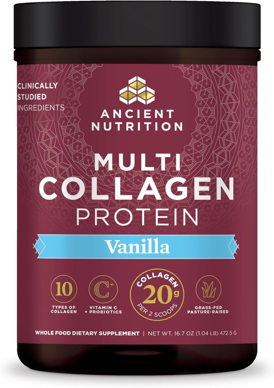 Collagen Powder Protein by Ancient Nutrition, Multi Collagen Vanilla Protein Powder, 45 Servings, with Vitamin C, Hydrolyzed Collagen Peptides Supports Skin and Nails, Gut Health, 16.7oz