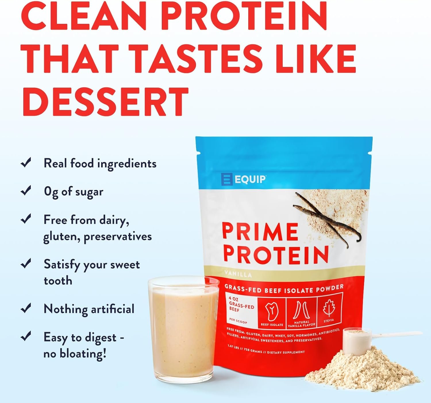 Equip Foods Prime Protein Powder | Clean, Grass Fed Beef Protein Isolate | Carnivore Protein Powder | Paleo, Keto Friendly | Gluten, Dairy Free | Helps Build & Repair Tissue | 30 Servings, Vanilla - Image 3