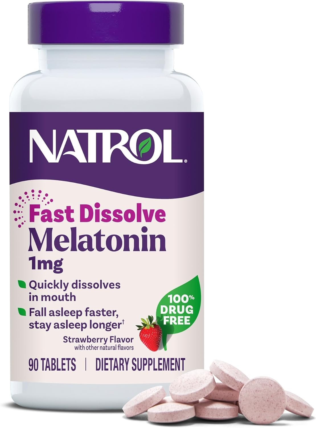 Natrol Fast Dissolve Melatonin 1 mg, Melatonin Supplements for Restful Sleep, Sleep Support for Adults, 90 Strawberry-Flavored Tablets, Up to a 90 Day Supply