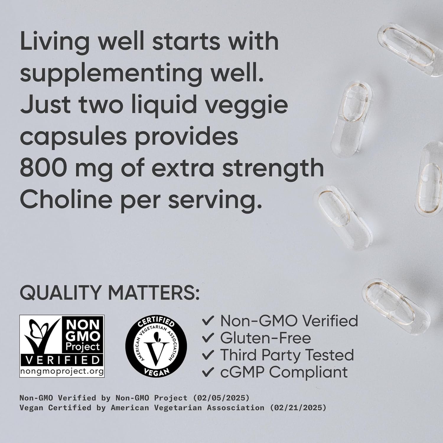 Sports Research® Extra Strength Choline 800 mg - Essential Nutrient Featuring VitaCholine® for Focus Support - Vegan Certified · Non-GMO · Gluten Free - 60 Liquid Capsules - Image 4