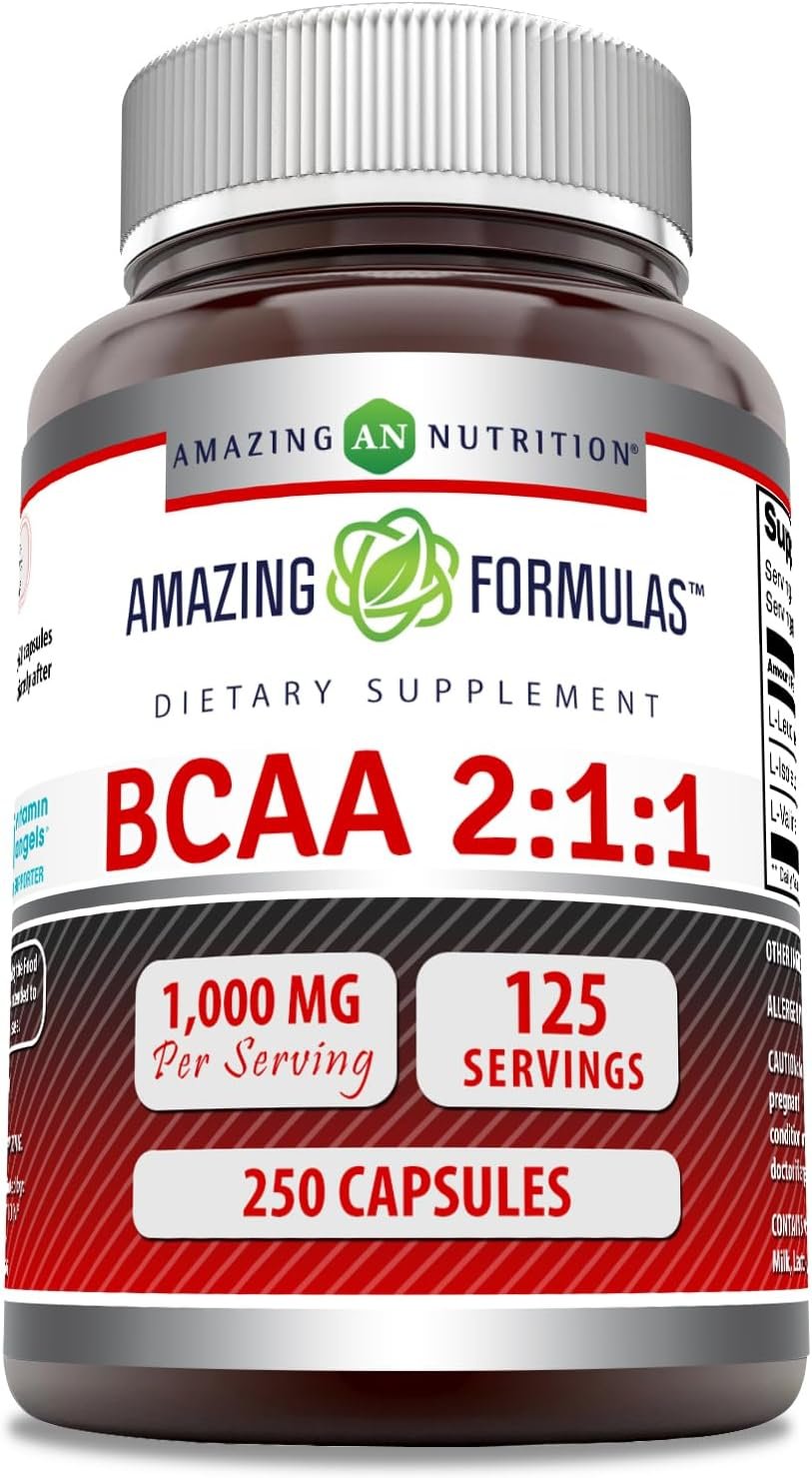 Amazing Formulas BCAA 2:1:1 1000 Mg Per Serving | Capsules | Branched Chain Amino Acids Supplement | Non-GMO | Gluten-Free | Made in USA (1 Pack, 250 Count)