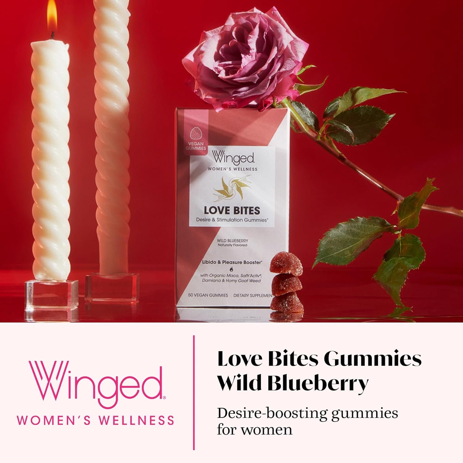 Winged Wellness Love Bites, Libido Booster for Women with Maca Root - Libido & Pleasure Booster with Horny Goat Weed & Damiana - Natural Aphrodisiac Gummy Supplement - Wild Blueberry, 60 Vegan Gummies - Image 2