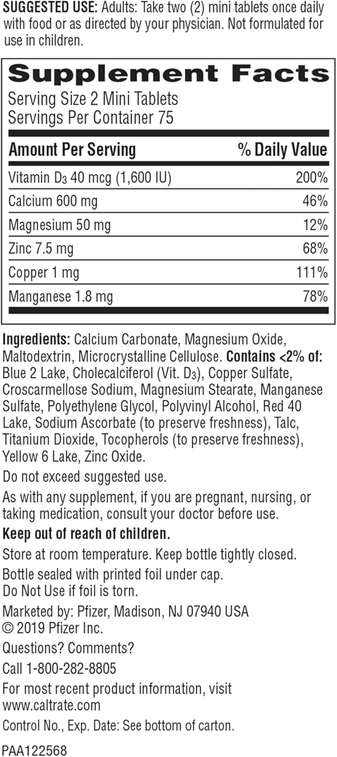 Caltrate Minis 600 Plus D3 Plus Minerals Calcium and Vitamin D Supplement Tablets, Bone Health and Mineral Supplement for Adults - 150 Count - Image 8