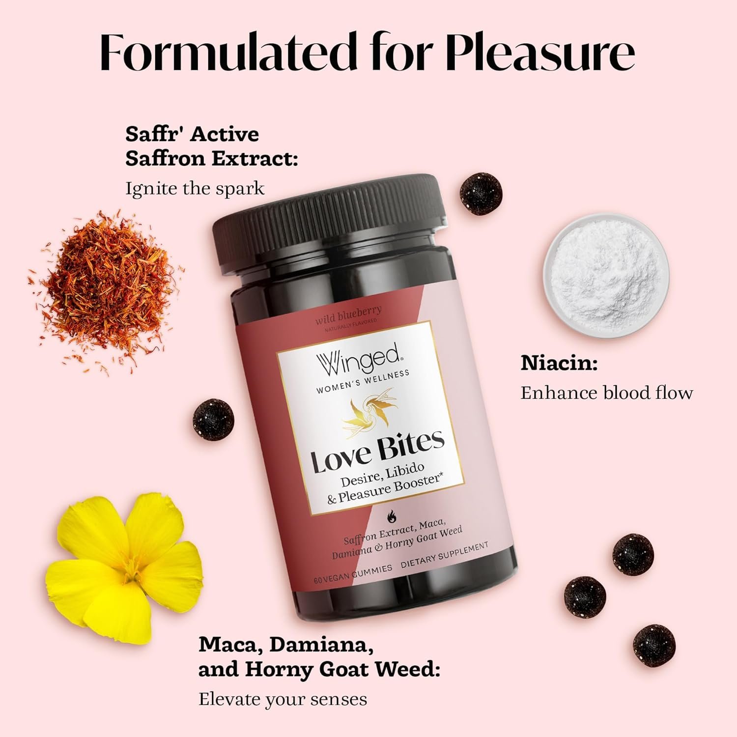 Winged Wellness Love Bites, Libido Booster for Women with Maca Root - Libido & Pleasure Booster with Horny Goat Weed & Damiana - Natural Aphrodisiac Gummy Supplement - Wild Blueberry, 60 Vegan Gummies - Image 3
