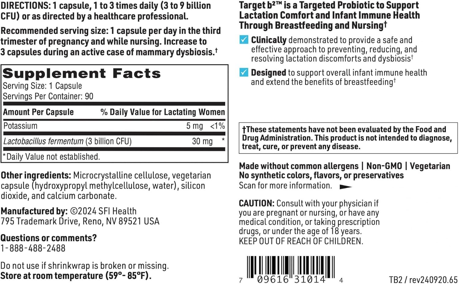 Klaire Labs SFI Health Ther-Biotic Target B2 Breastfeeding Supplement for Lactation Support - Lactobacillus Fermentum Probiotic - Promote Healthy, Comfortable Breastfeeding (90 Capsules) - Image 5