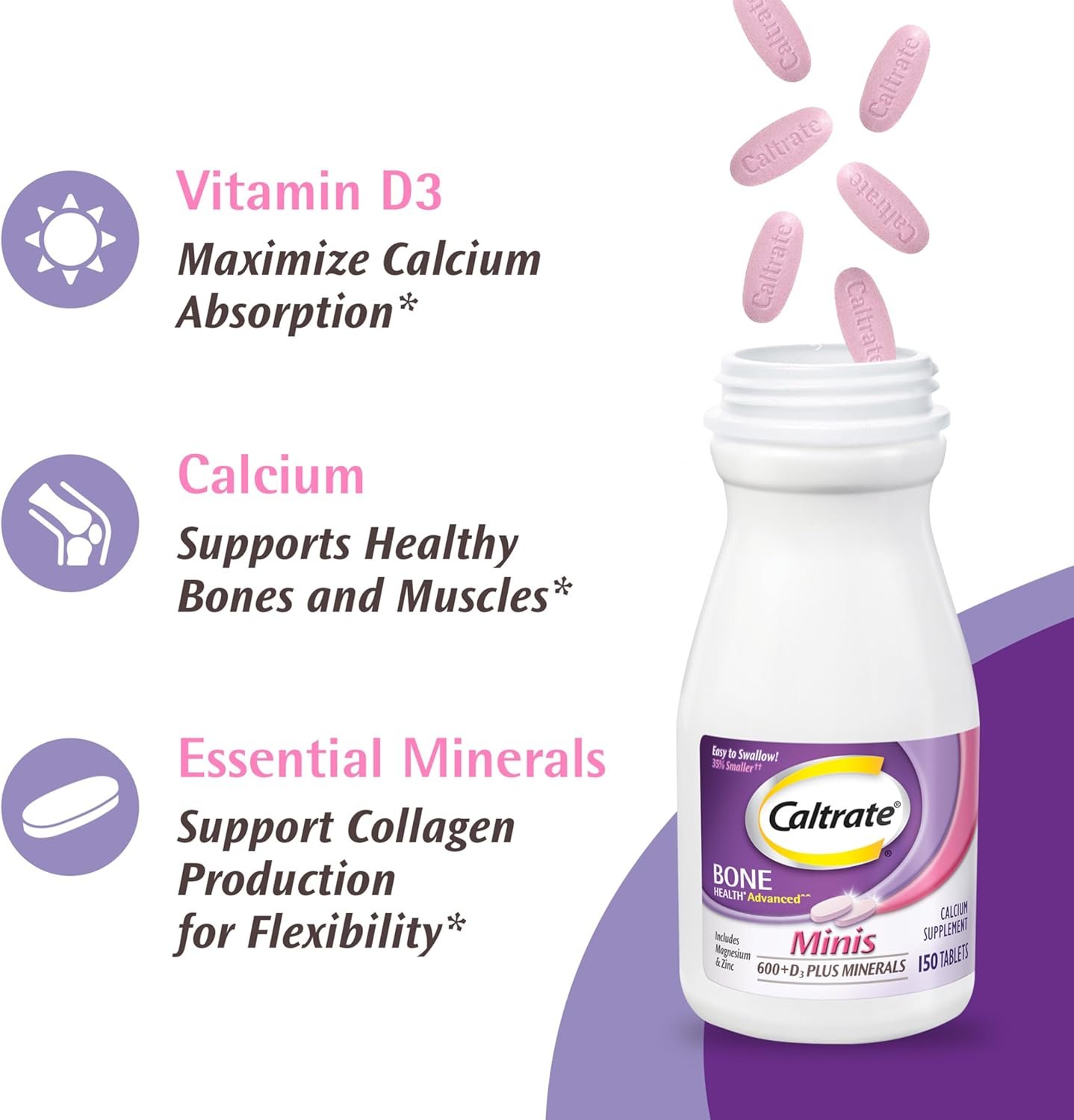 Caltrate Minis 600 Plus D3 Plus Minerals Calcium and Vitamin D Supplement Tablets, Bone Health and Mineral Supplement for Adults - 150 Count - Image 6