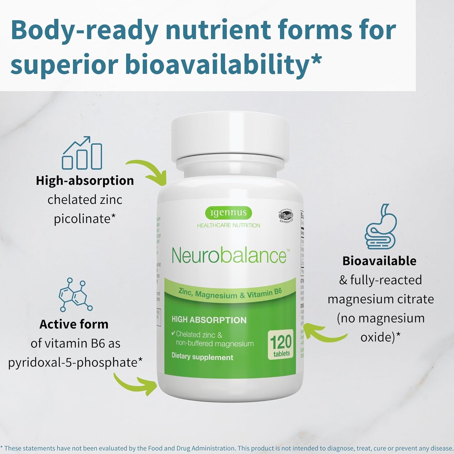 Igennus Neurobalance High Absorption Zinc Magnesium & B6 Complex, Cognitive Support, Focus & Recovery, 24mg Chelated Zinc Picolinate, Oxide-Free Magnesium, Vegan, Non-GMO, 120 Tablets - Image 3