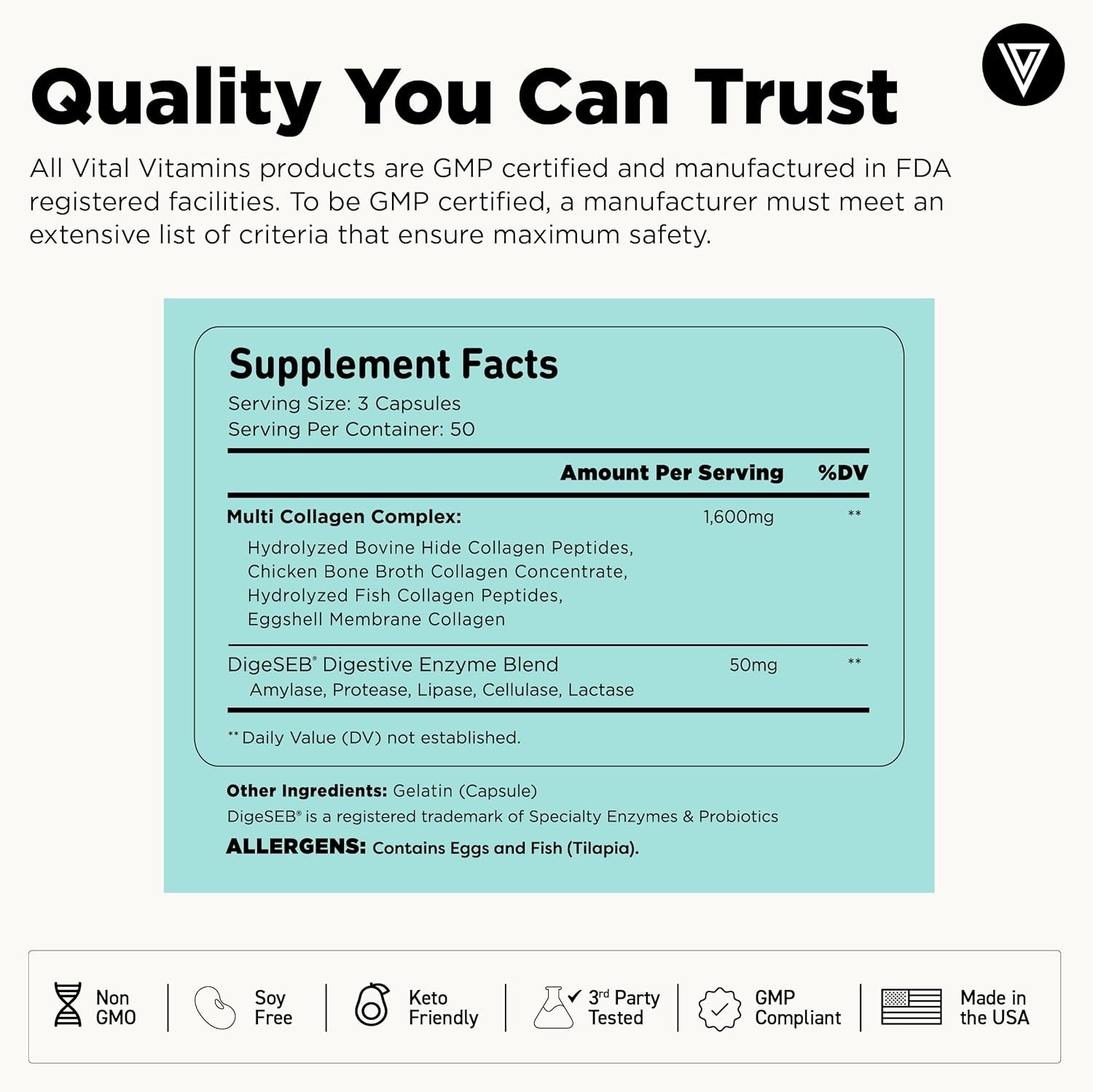 Vital Vitamins Multi Collagen for Women & Men - Type I, II, III, V, X - Grass Fed, Non-GMO - 150 Capsules - Image 6