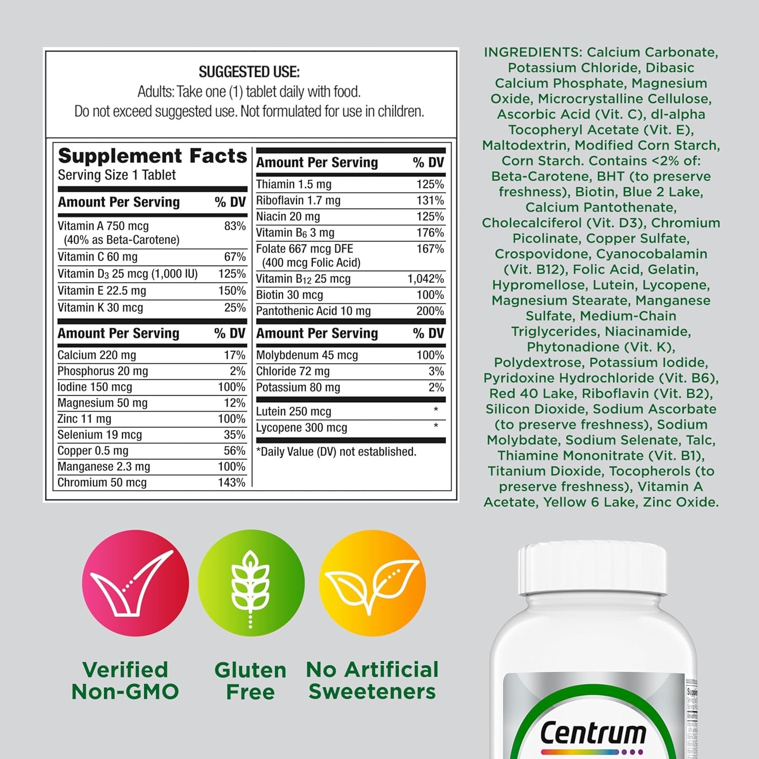 Centrum Minis Silver Multivitamin Tablet for Adults 50 Plus, Multimineral Supplement, Vitamin D3, B-Vitamins, Gluten Free, Non-GMO Ingredients, Supports Memory and Cognition in Older Adults - 320 Ct - Image 7
