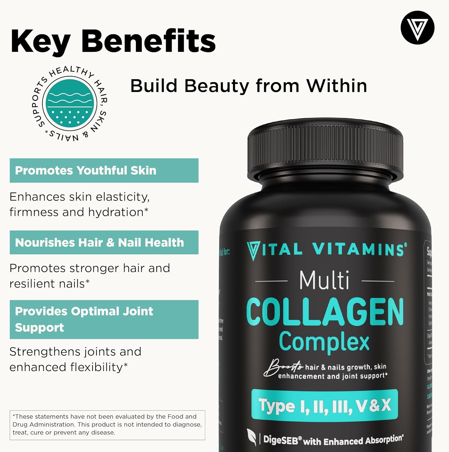 Vital Vitamins Multi Collagen for Women & Men - Type I, II, III, V, X - Grass Fed, Non-GMO - 150 Capsules - Image 3