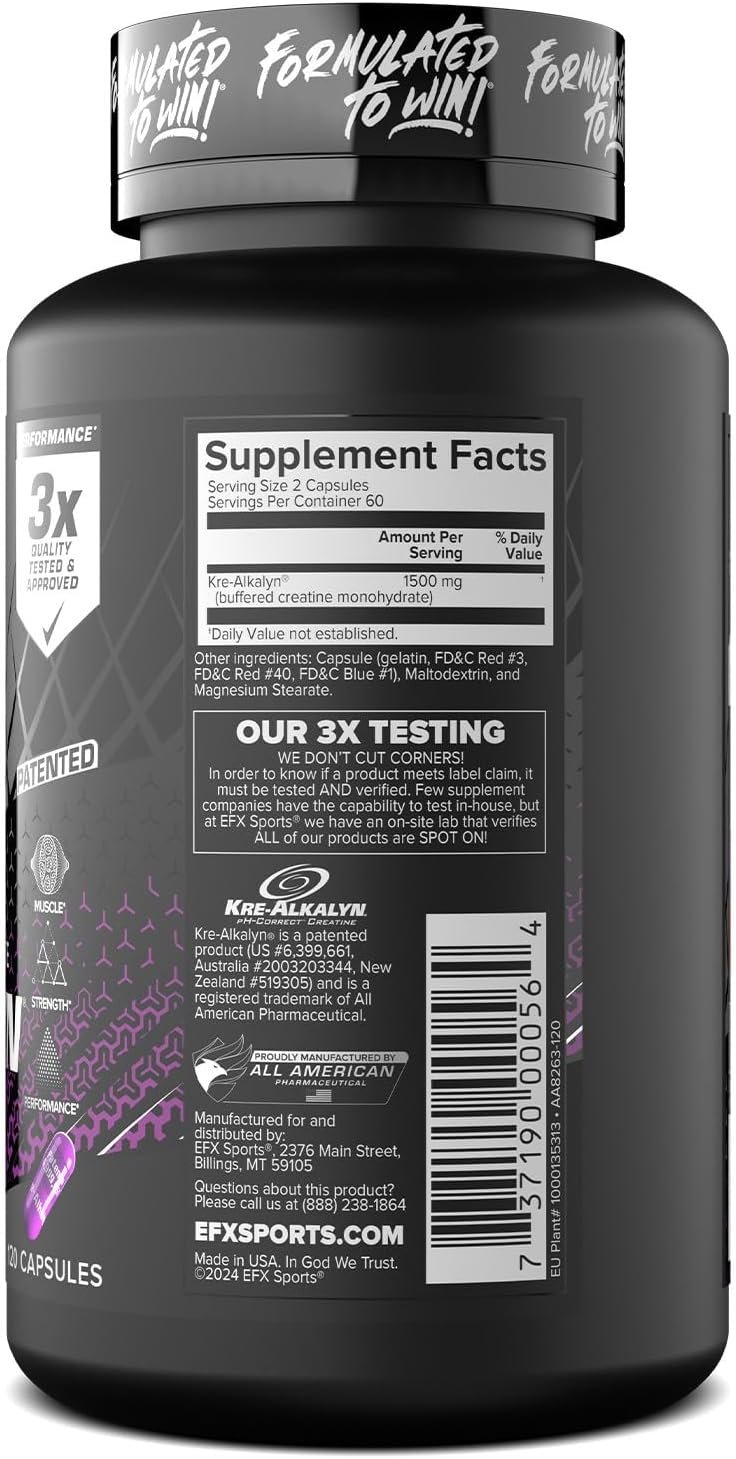 EFX Sports Kre-Alkalyn EFX | pH Correct Creatine Monohydrate Pill Supplement | Strength, Muscle Growth & Performance | 60 Servings, 120 Capsules - Image 9