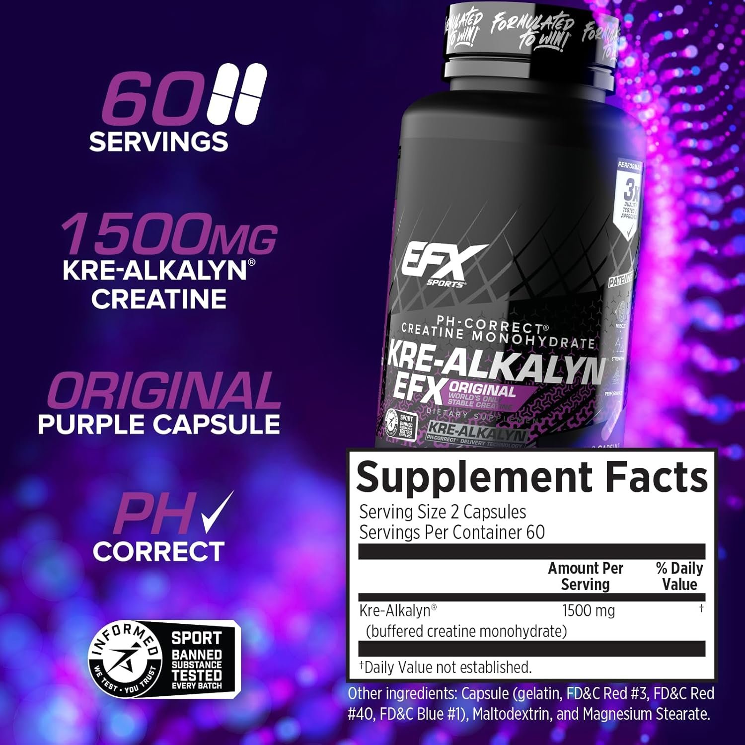 EFX Sports Kre-Alkalyn EFX | pH Correct Creatine Monohydrate Pill Supplement | Strength, Muscle Growth & Performance | 60 Servings, 120 Capsules - Image 3