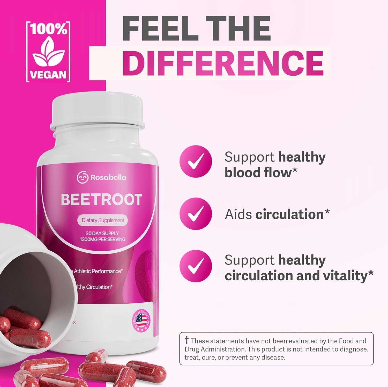 Rosabella Organic Beet Root Capsules - 1300mg Beet Root Powder Aids Healthy Circulation & Vitality, Non-GMO, Beet Root Supplement - 120 Capsules, 60-Day Supply - Image 3