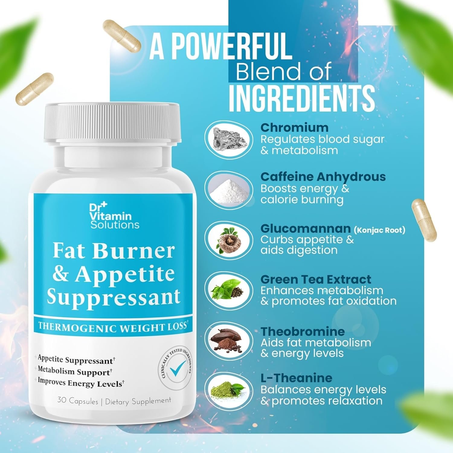 DR VITAMIN SOLUTIONS Fat Burner for Women & Men - Appetite Suppressant for Weight Loss - Pills w/Metabolism Booster Thermogenic Weight Loss Supplement - Chromium, Caffeine & Green Tea - 30 Ct. - Image 3