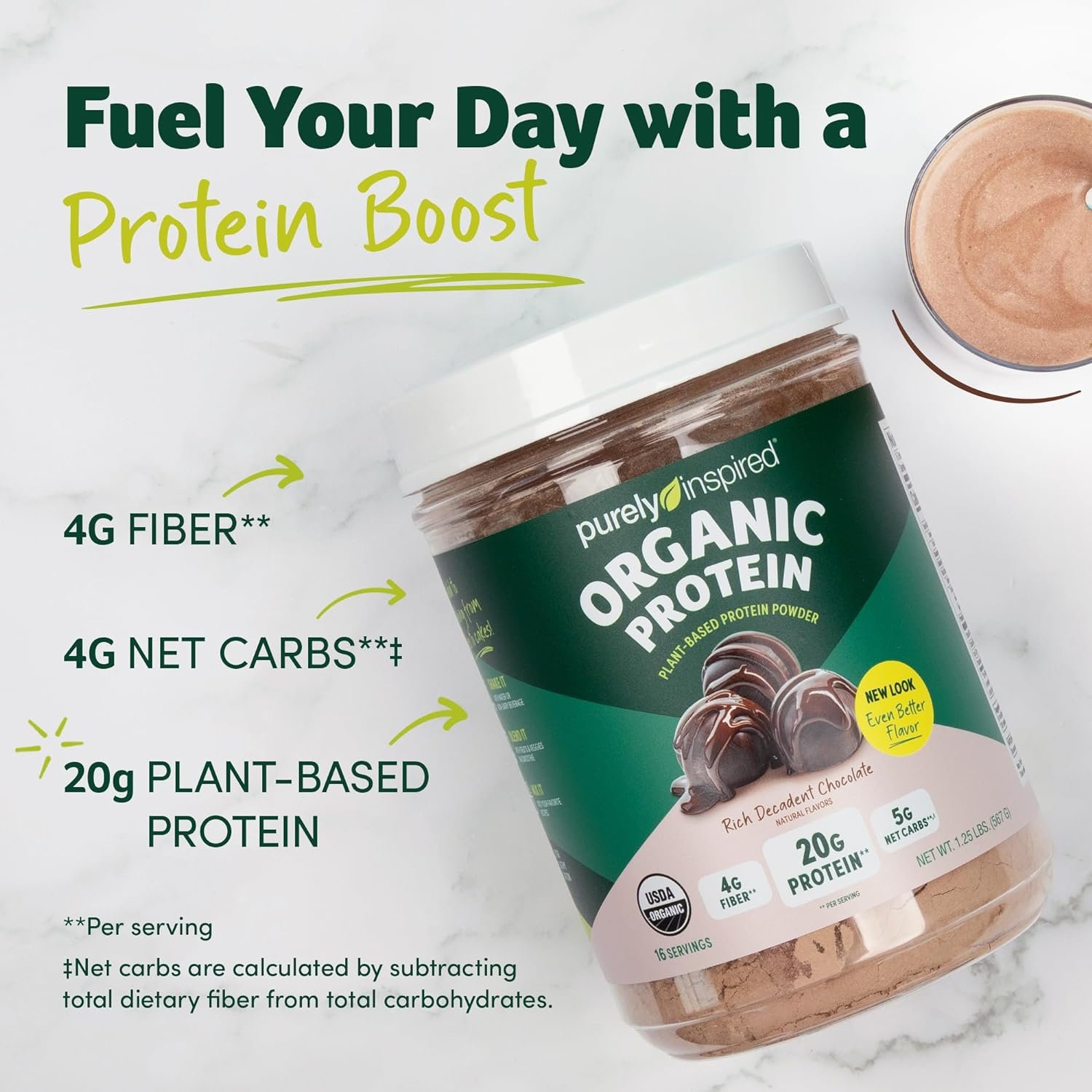 Purely Inspired Plant-Based Protein Powder for Men & Women, Rich Decadent Chocolate (16 Servings) - Vegan & Organic - 20g of Pea Protein Powder for Smoothies & Shakes - Dairy-Free, & Gluten-Free - Image 2