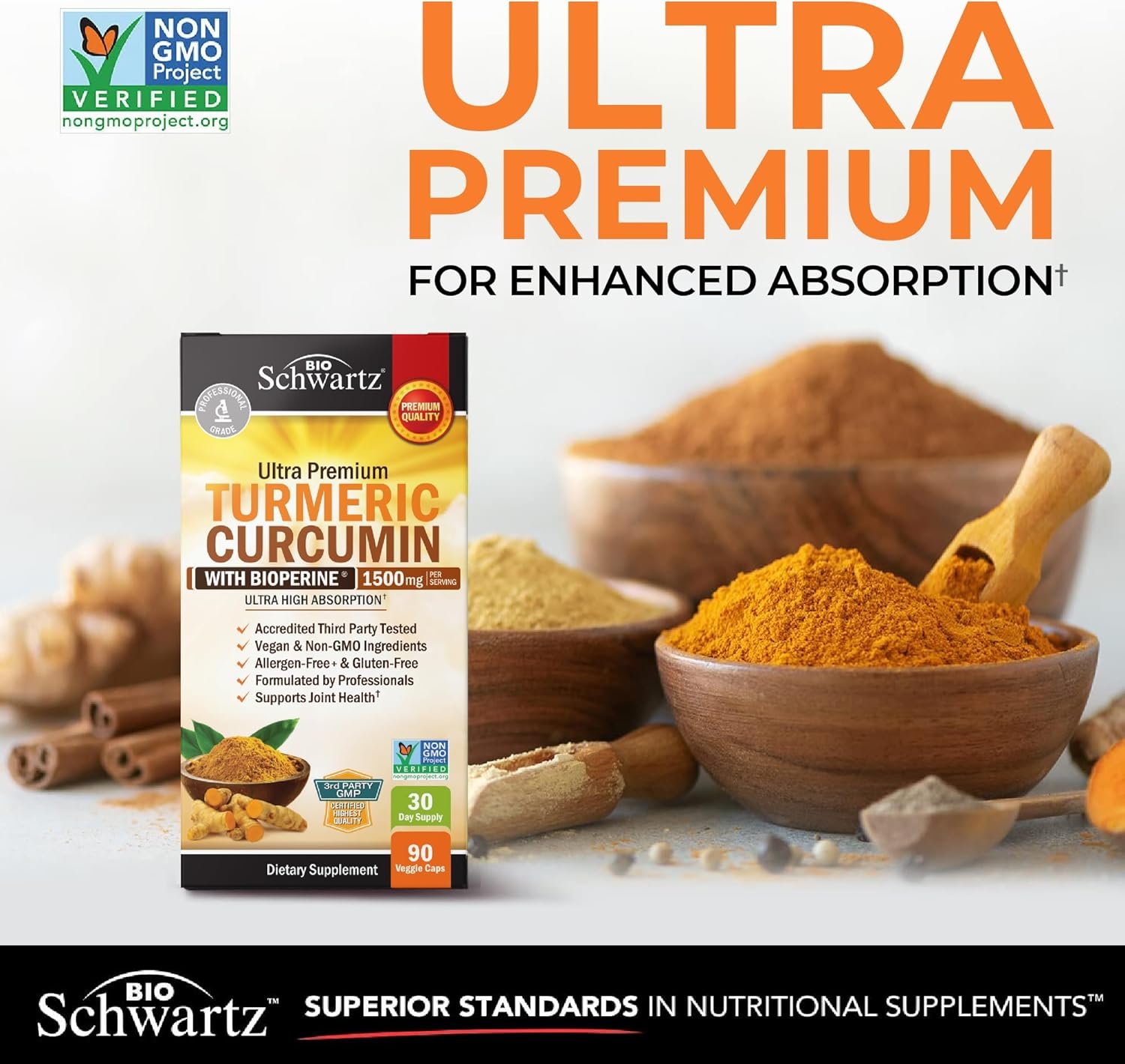 Turmeric Curcumin with Black Pepper Extract 1500mg - High Absorption Ultra Potent Turmeric Supplement with 95% Curcuminoids and BioPerine - Non GMO Tumeric Capsules for Joint Support - 90 Capsules - Image 2