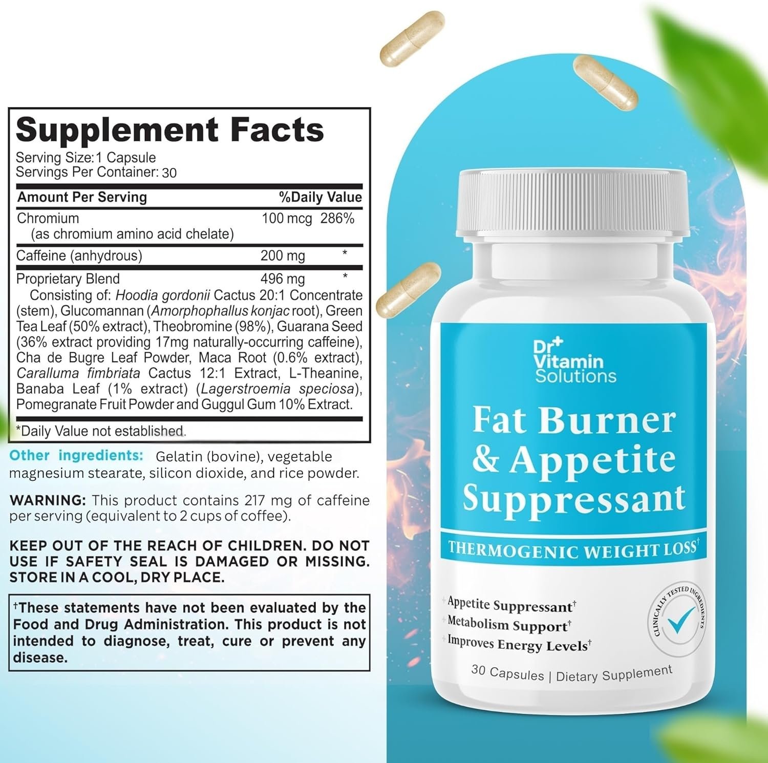 DR VITAMIN SOLUTIONS Fat Burner for Women & Men - Appetite Suppressant for Weight Loss - Pills w/Metabolism Booster Thermogenic Weight Loss Supplement - Chromium, Caffeine & Green Tea - 30 Ct. - Image 2