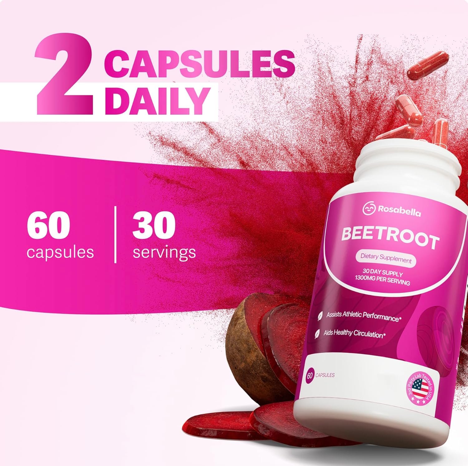 Rosabella Organic Beet Root Capsules - 1300mg Beet Root Powder Aids Healthy Circulation & Vitality, Non-GMO, Beet Root Supplement - 120 Capsules, 60-Day Supply - Image 4