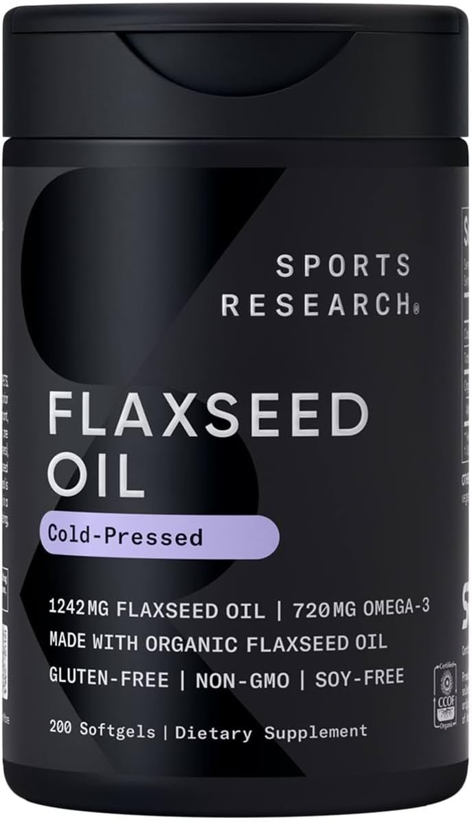 Sports Research Flaxseed Oil Softgels 1242mg - Plant Based Omega 3 Supplement for Women & Men - Non-GMO Verified, Soy & Gluten Free (200 Count)