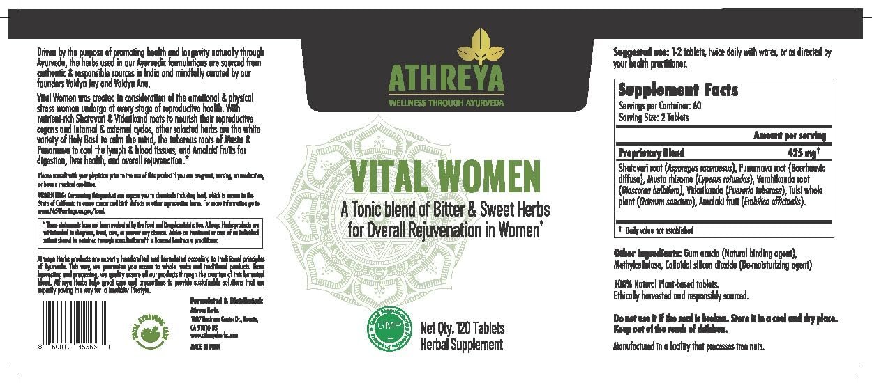Athreya Herbs Vital Woman | 120 Tablets | Herbs for Stamina and Strength | Ayurvedic Supplement for Overall Rejuvenation | Maintains Skin & Hair Health | Vegan, Non-GMO | 30 Day Supply - Image 2