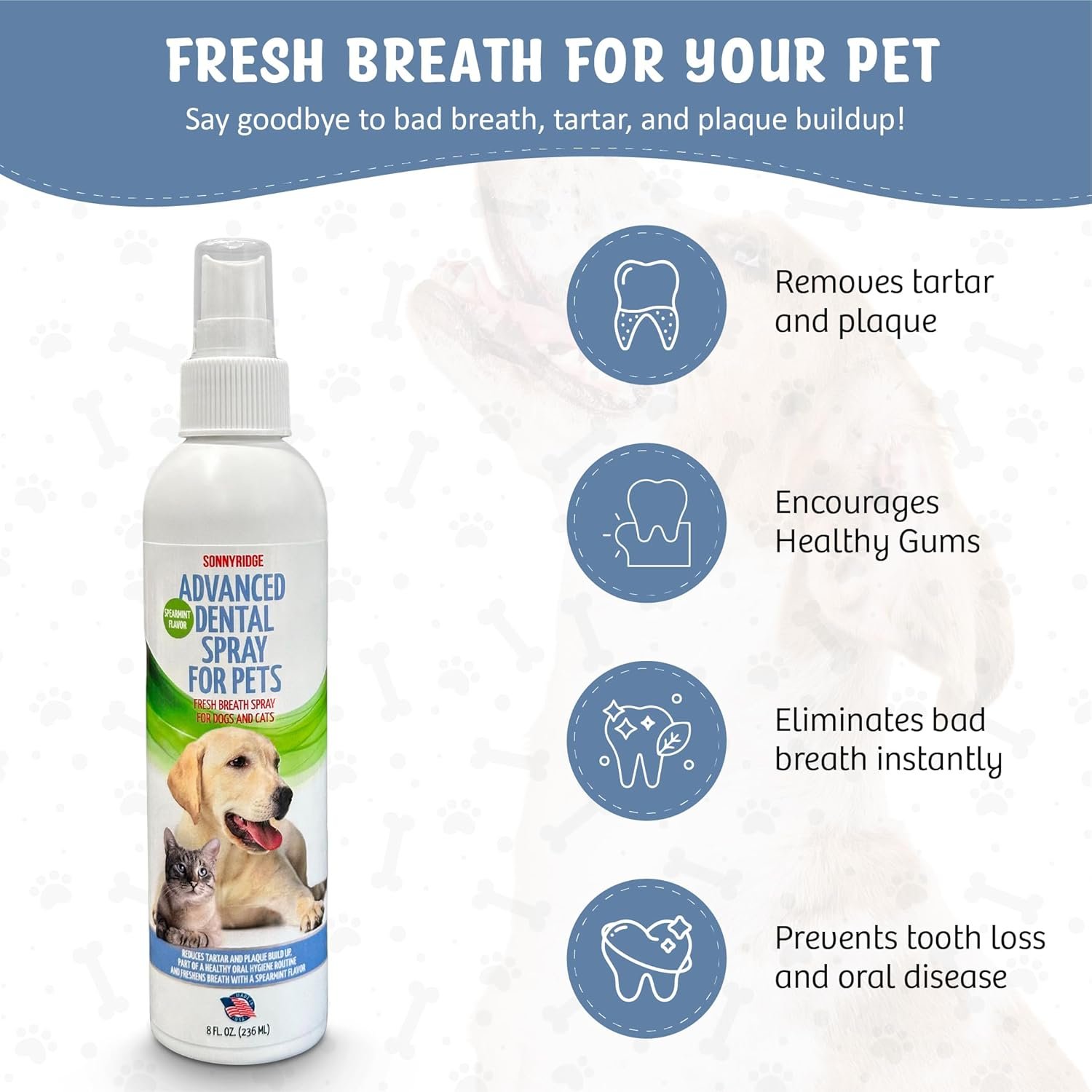 Dog Dental Spray Removes Tartar, Plaque and Freshens Breath Instantly. The Most Advanced Dental Spray for Healthy Teeth, Gums and Oral Health Care for Your Dog, Cat or Pet - 1-8 oz. Bottle - Image 2
