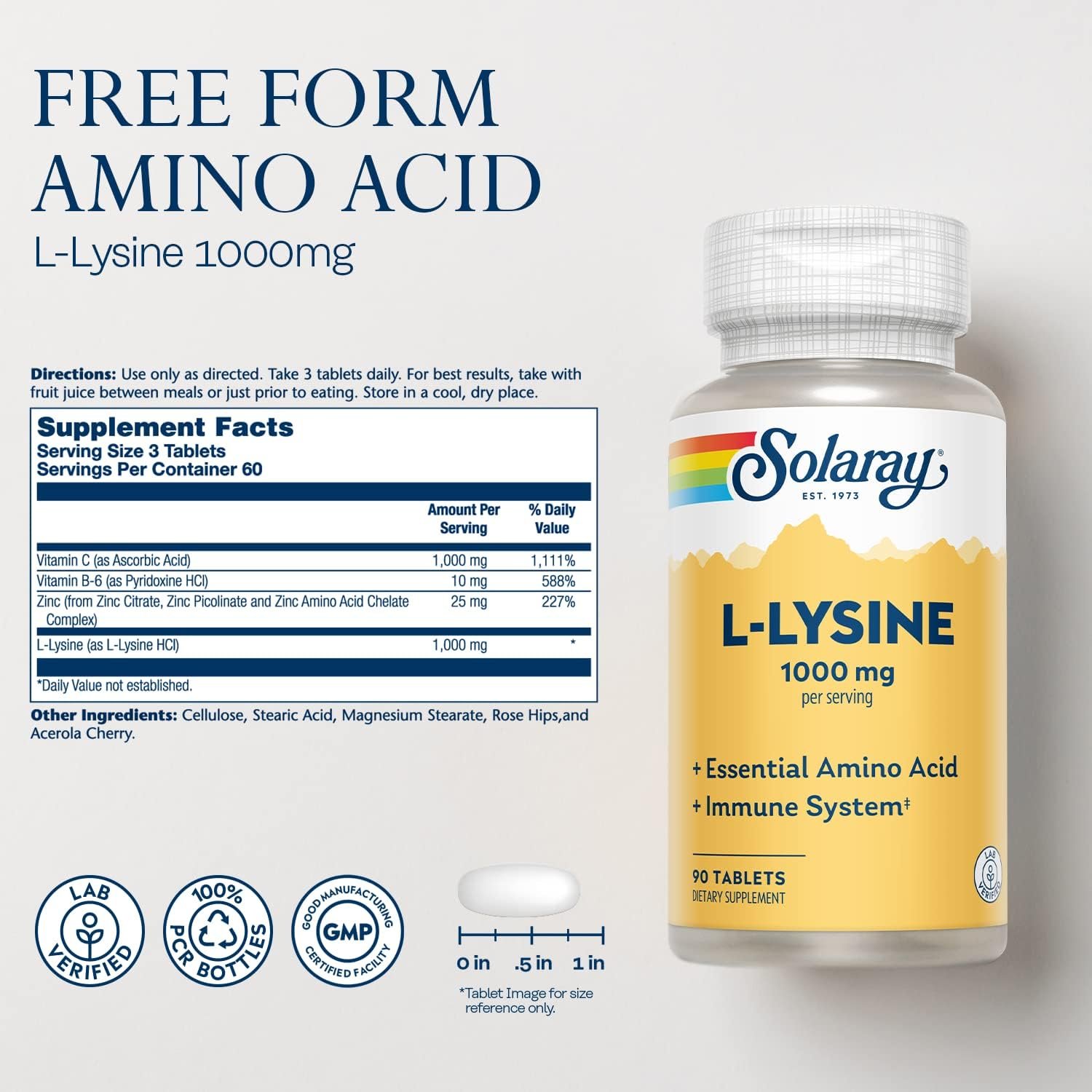 SOLARAY L Lysine - Free-Form Essential Amino Acid - Immune Support Supplement with 1000mg L-Lysine, 1000mg Vitamin C and 25mg Chelated Zinc - Lab Verified, 60-Day Guarantee, 30 Servings, 90 Tablets - Image 2