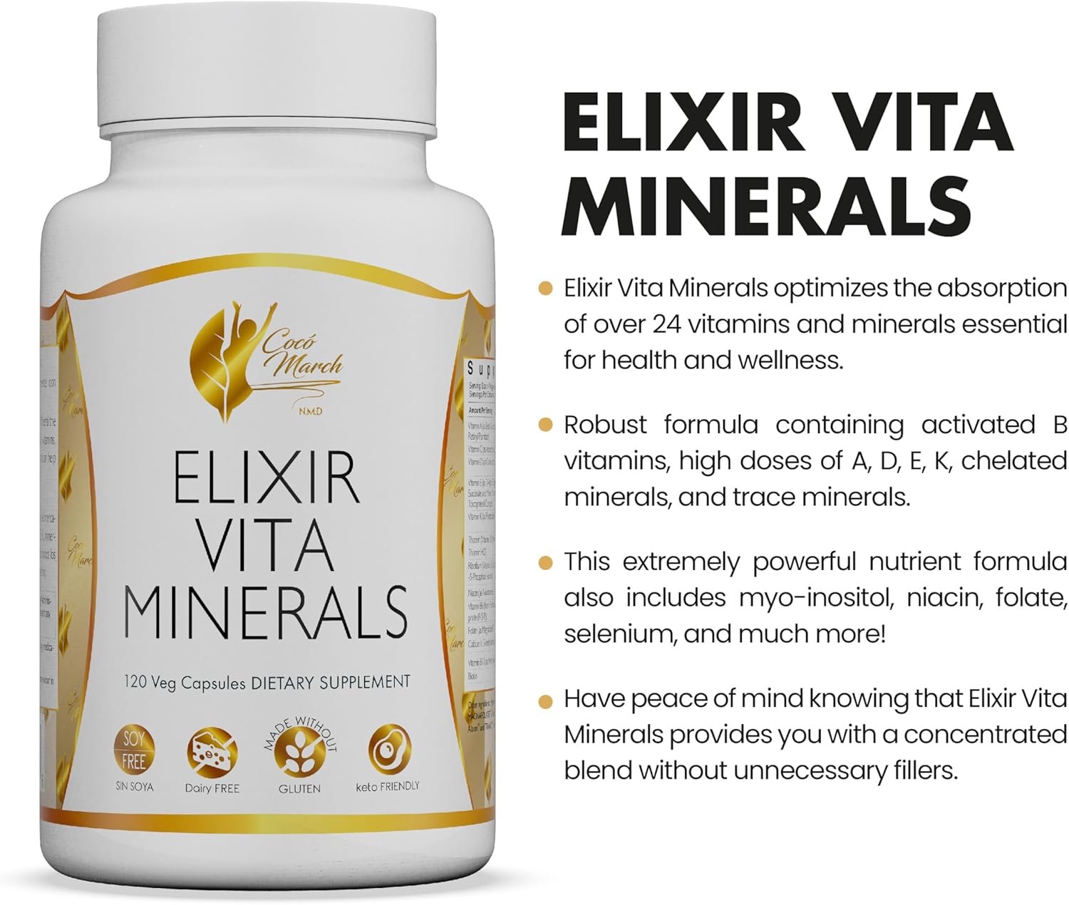 Cocó March N.M.D Elixir Vita Minerals - HIGH Potency - 24 Vitamins and Essential Minerals - Gluten Free, Dairy Free, Keto Friendly, Soy Free, 120 Capsules - Image 2