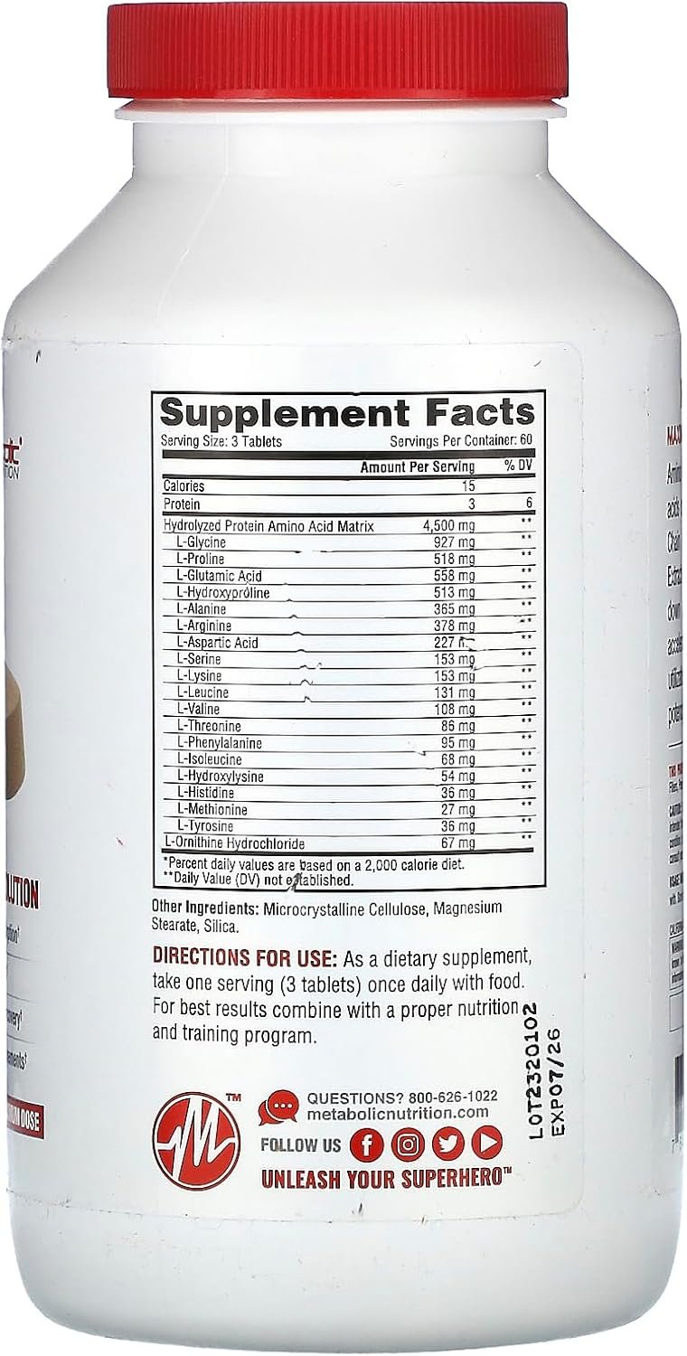 Metabolic Nutrition Amino 4500 Tablets Maximum Potency Hydrolyzed Amino Acid Complex 4500mg (180) - Image 2